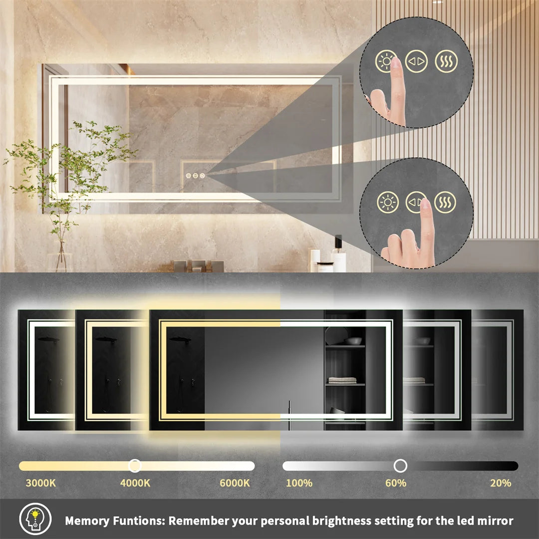 Large Dimmable LED Illuminated Bathroom Mirror with 3 Color Lights