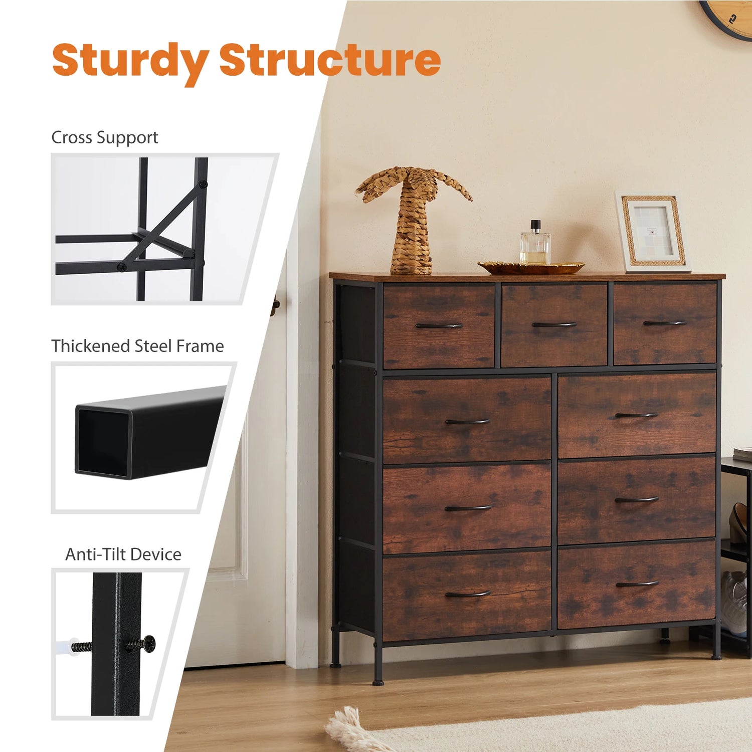 Bedroom Dresser With 9 Fabric Storage Drawers