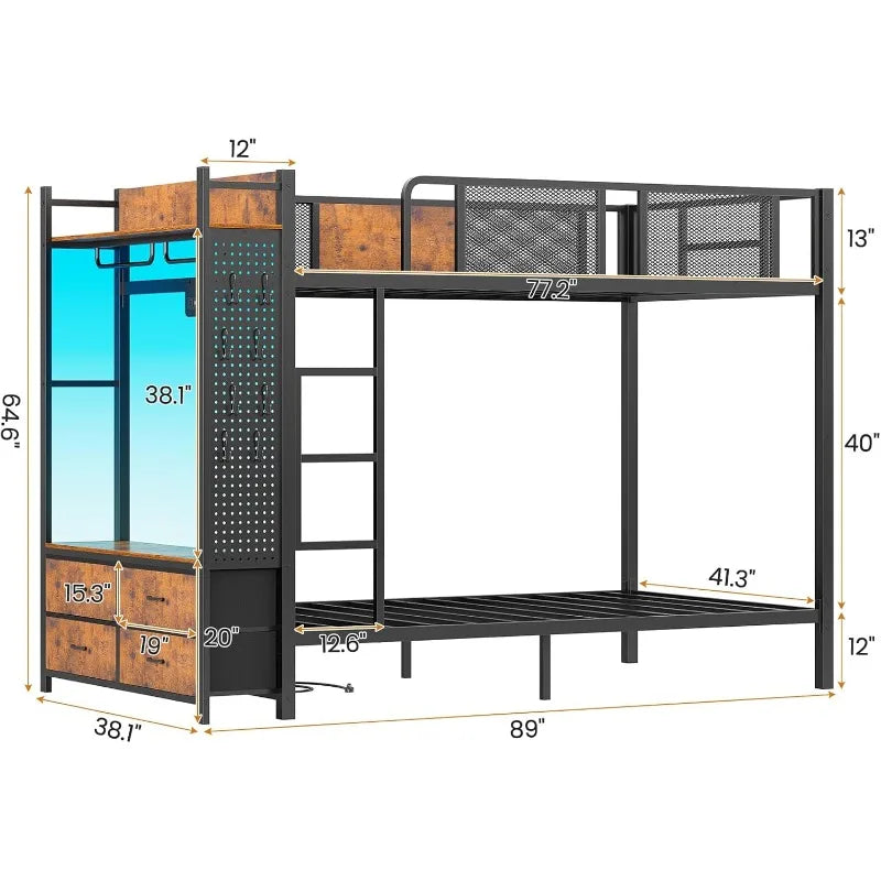Metal Twin Over Twin Bunk Bed With Power Outlet, LED, Storage Drawers &amp; Safety Guardrail