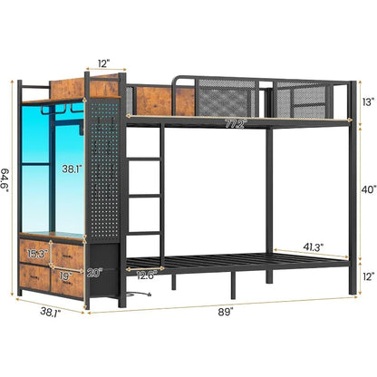 Metal Twin Over Twin Bunk Bed With Power Outlet, LED, Storage Drawers &amp; Safety Guardrail