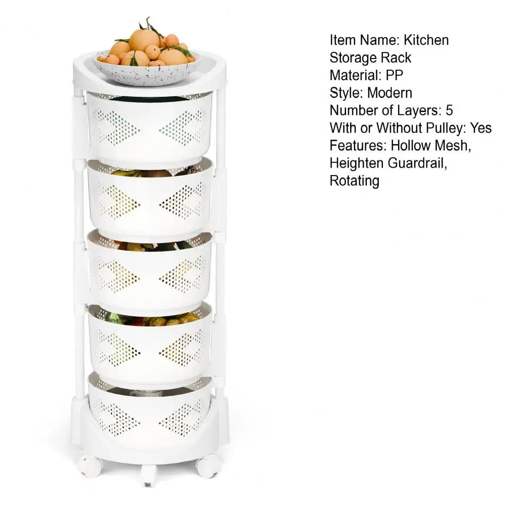 Kitchen Storage Rack with 5 Tier Circular Rotating Basket for Fruits &amp; Vegetables with 360 Degree Wheels