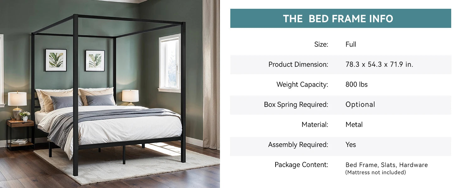 4-Poster Canopy Bed Frame with 3-Metal Crossbars - No Box Spring Needed
