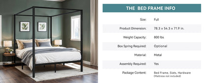4-Poster Canopy Bed Frame with 3-Metal Crossbars - No Box Spring Needed