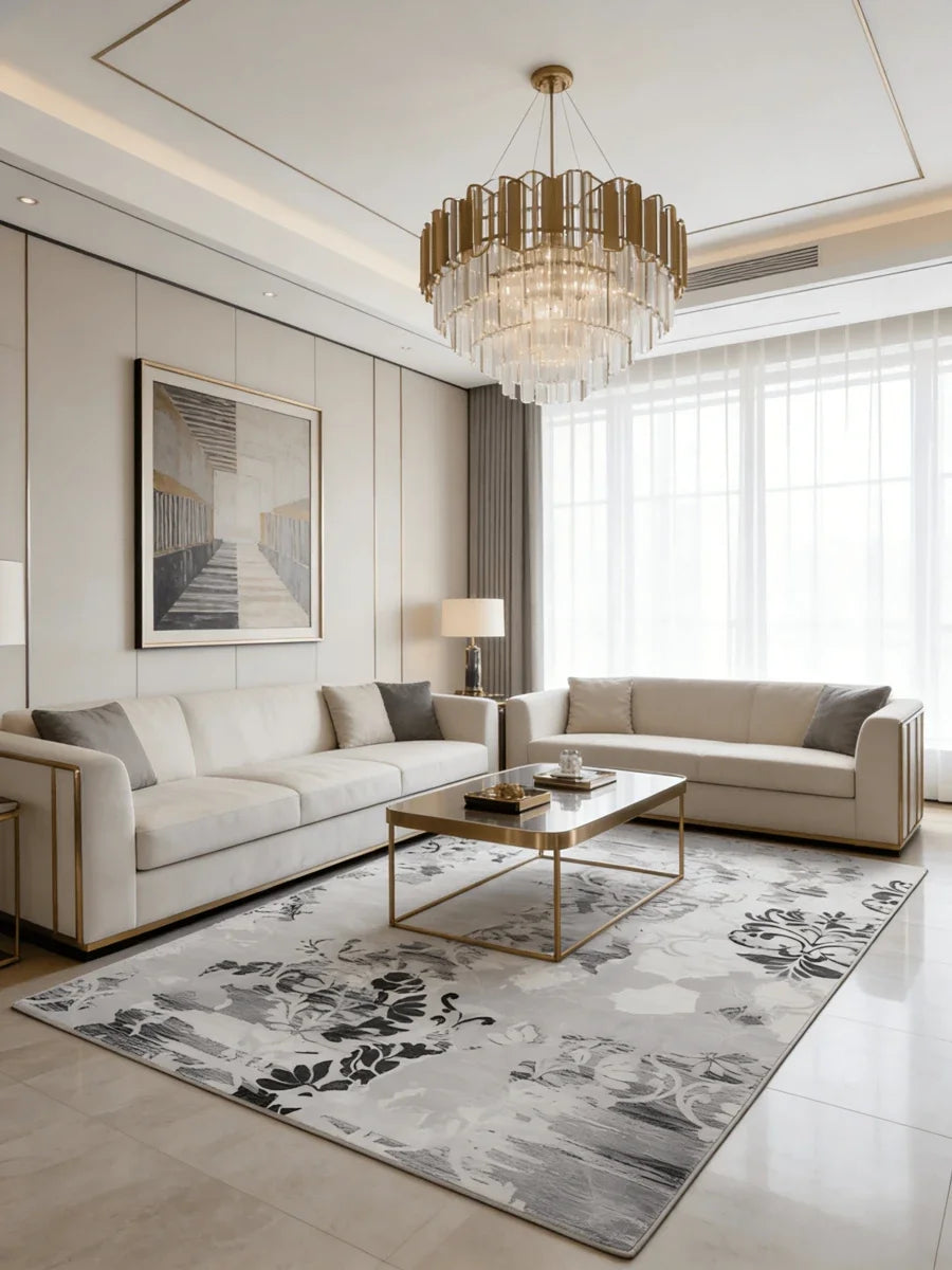 Modern non-slip washable throw rug laid in contemporary bedroom available in various sizes