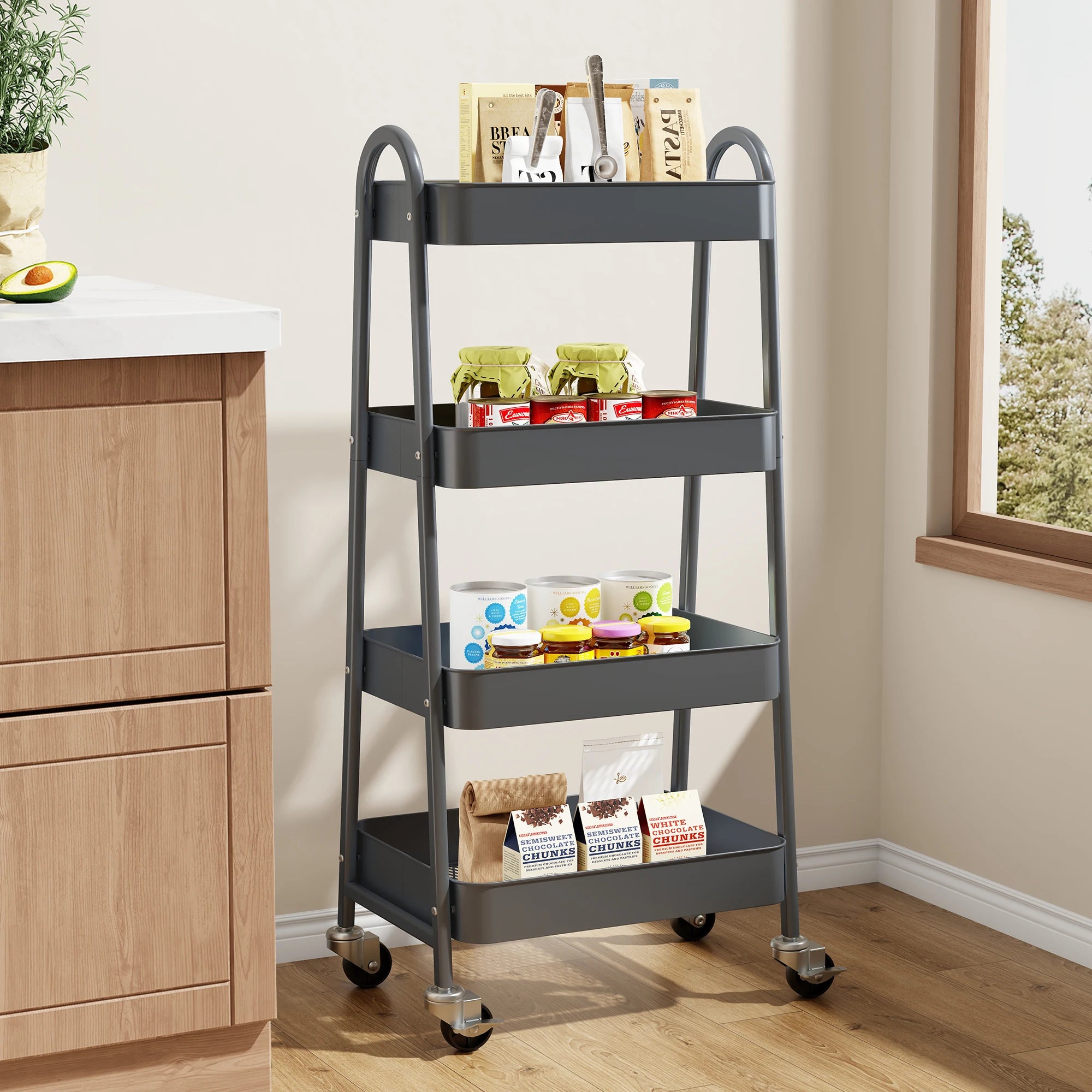 4 Tier Metal Storage Cart for Kitchen, Bathroom, Garage &amp; Laundry Room with Lockable Wheels