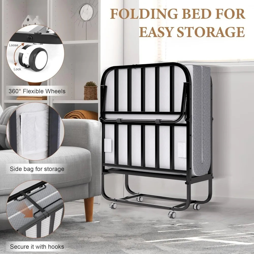 Portable Twin Rollaway Folding Bed with Memory Foam Mattress - Guest Bed on Wheels