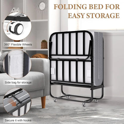 Portable Twin Rollaway Folding Bed with Memory Foam Mattress - Guest Bed on Wheels