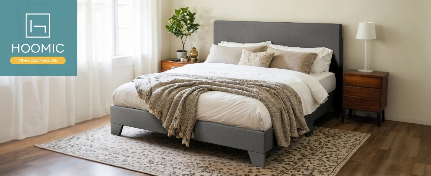 Bed Frame with Adjustable Headboard, Soft Linen Fabric, Strong Supporting Structure