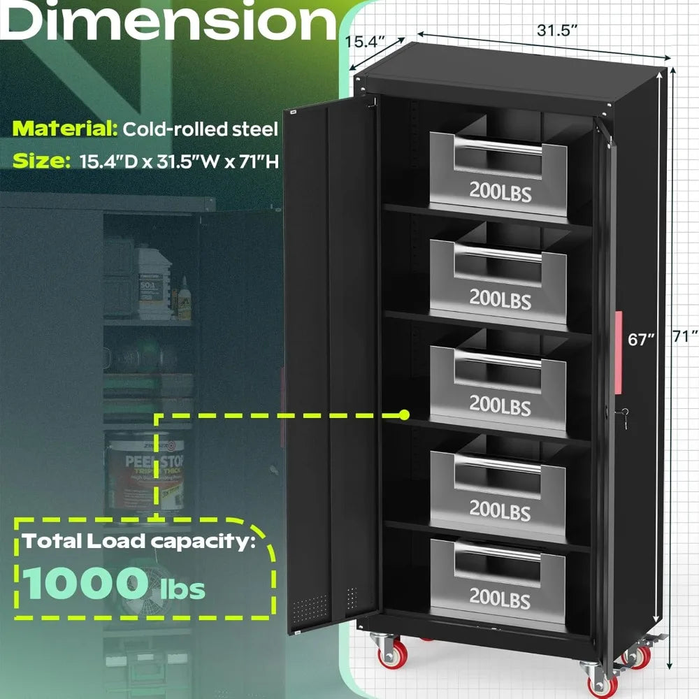 71" Tall Rolling Metal Storage Cabinet with Locking Doors, 4 Adjustable Shelves, 1000lb Capacity for Garage/Home/Office