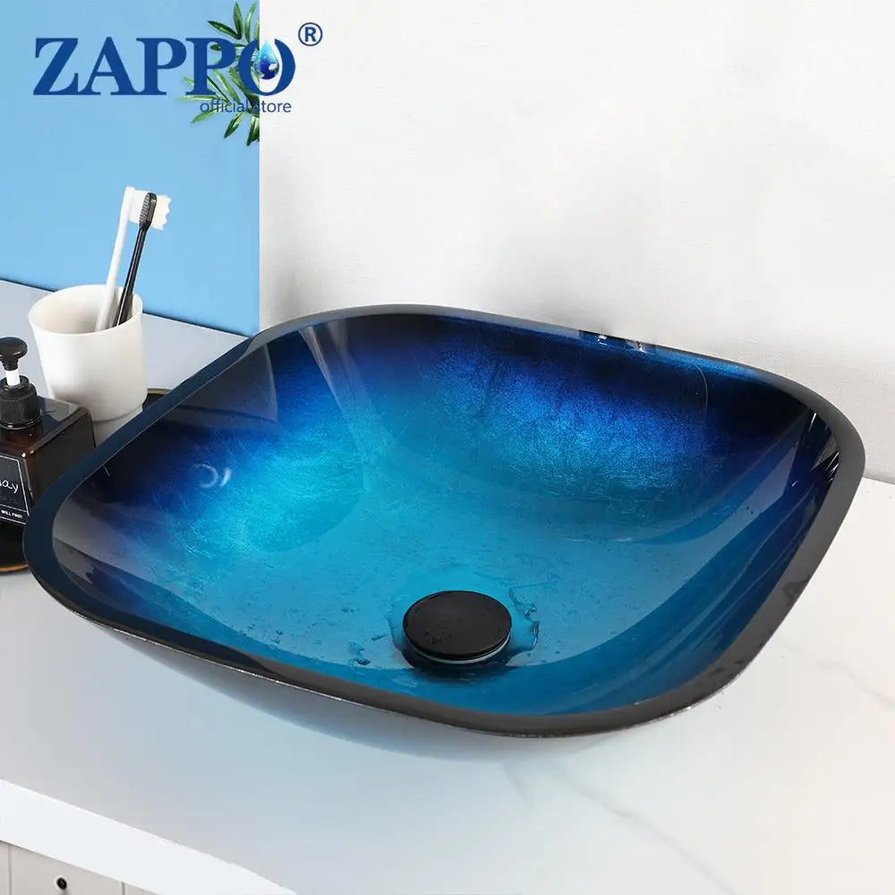Tempered Glass Bathroom Sink with Waterfall & Black Faucet
