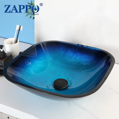 Tempered Glass Bathroom Sink with Waterfall &amp; Black Faucet