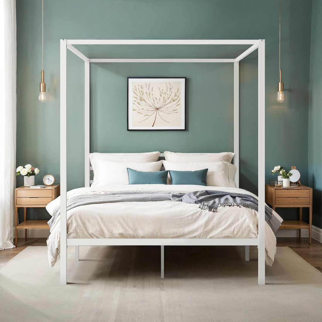 4-Poster Canopy Bed Frame with 3-Metal Crossbars - No Box Spring Needed