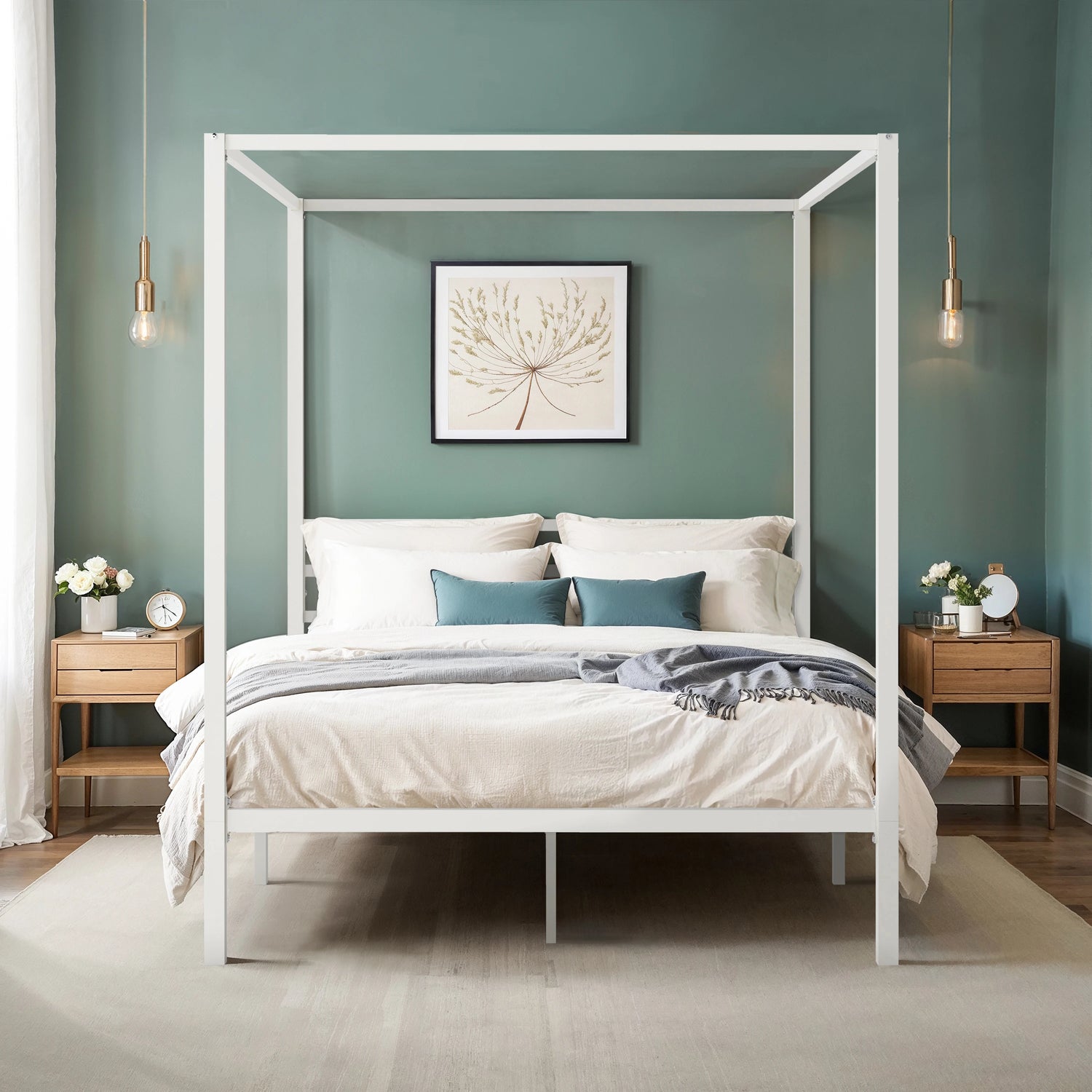 4-Poster Canopy Bed Frame with 3-Metal Crossbars - No Box Spring Needed