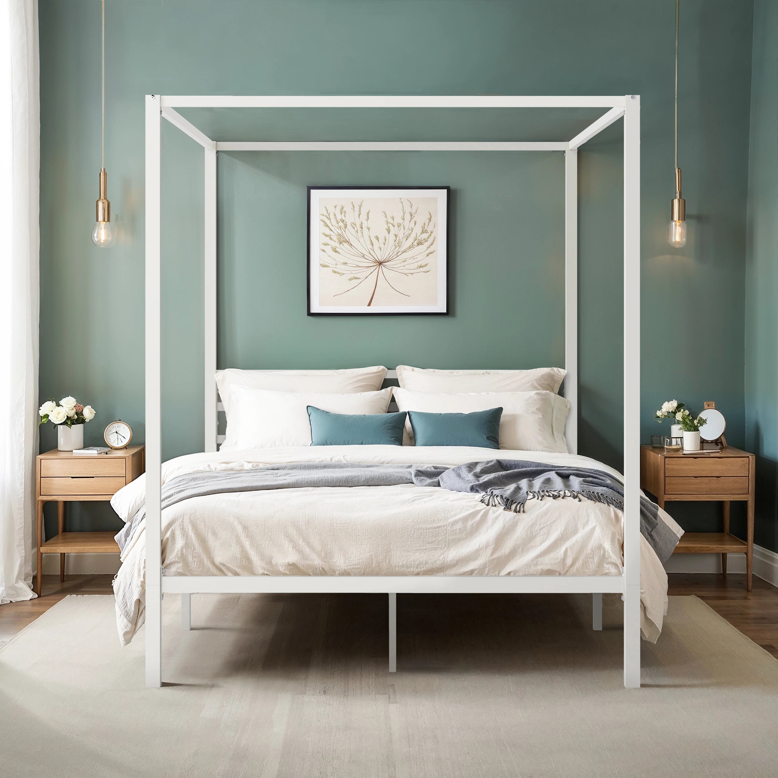 4-Poster Canopy Bed Frame with 3-Metal Crossbars - No Box Spring Needed