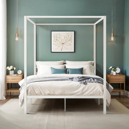 4-Poster Canopy Bed Frame with 3-Metal Crossbars - No Box Spring Needed