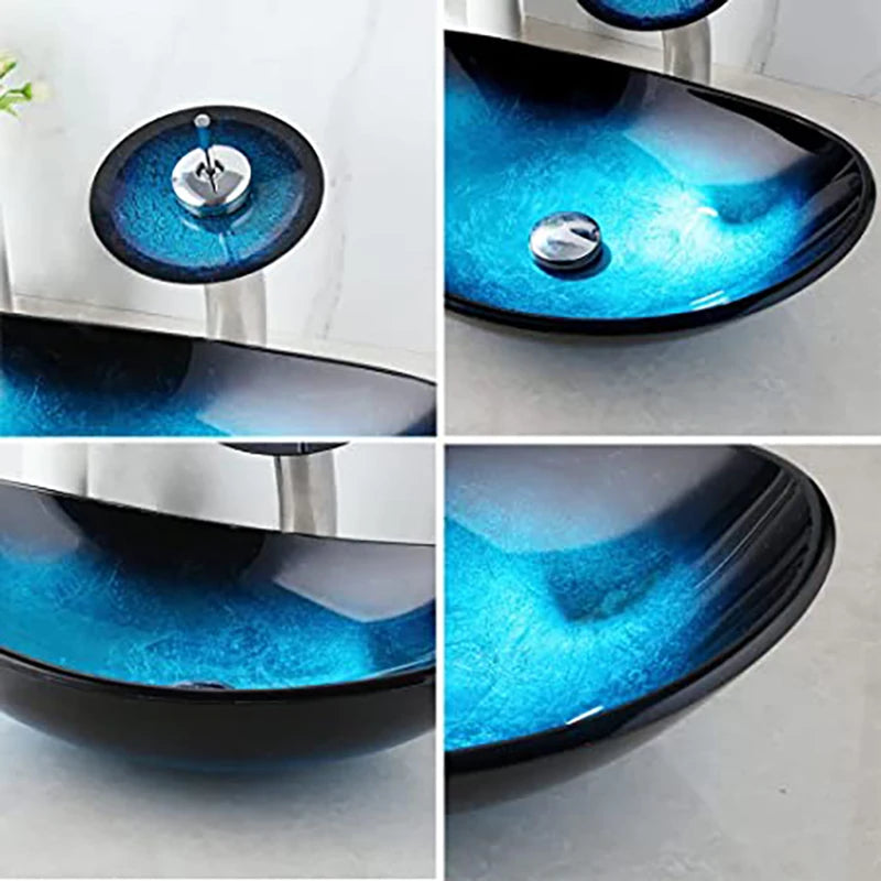 Tempered Glass Bathroom Sink with Waterfall & Black Faucet