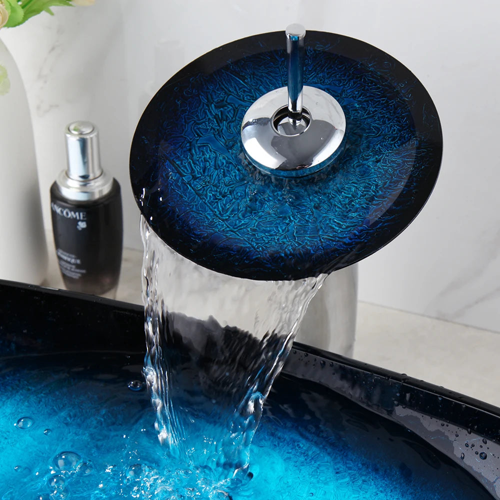 Tempered Glass Bathroom Sink with Waterfall & Black Faucet