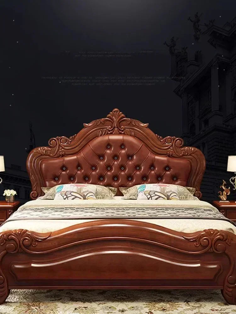 Unique Luxury Genuine Leather  Wood Bed