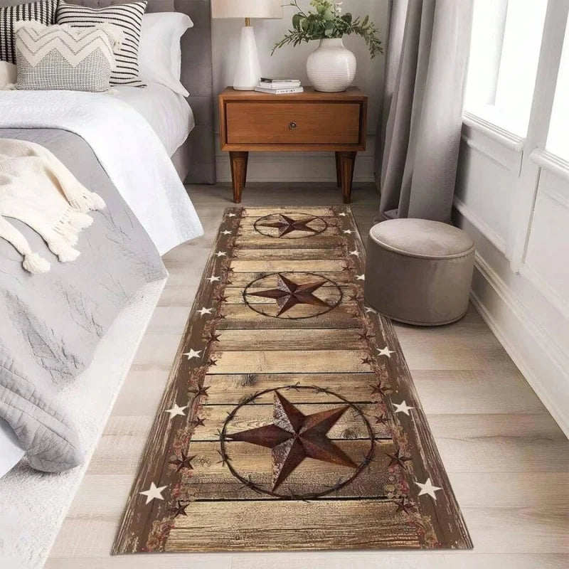 2 Sizes - Rustic Farmhouse Runner - Non-Slip With Beige Design &amp; Western Star Pattern