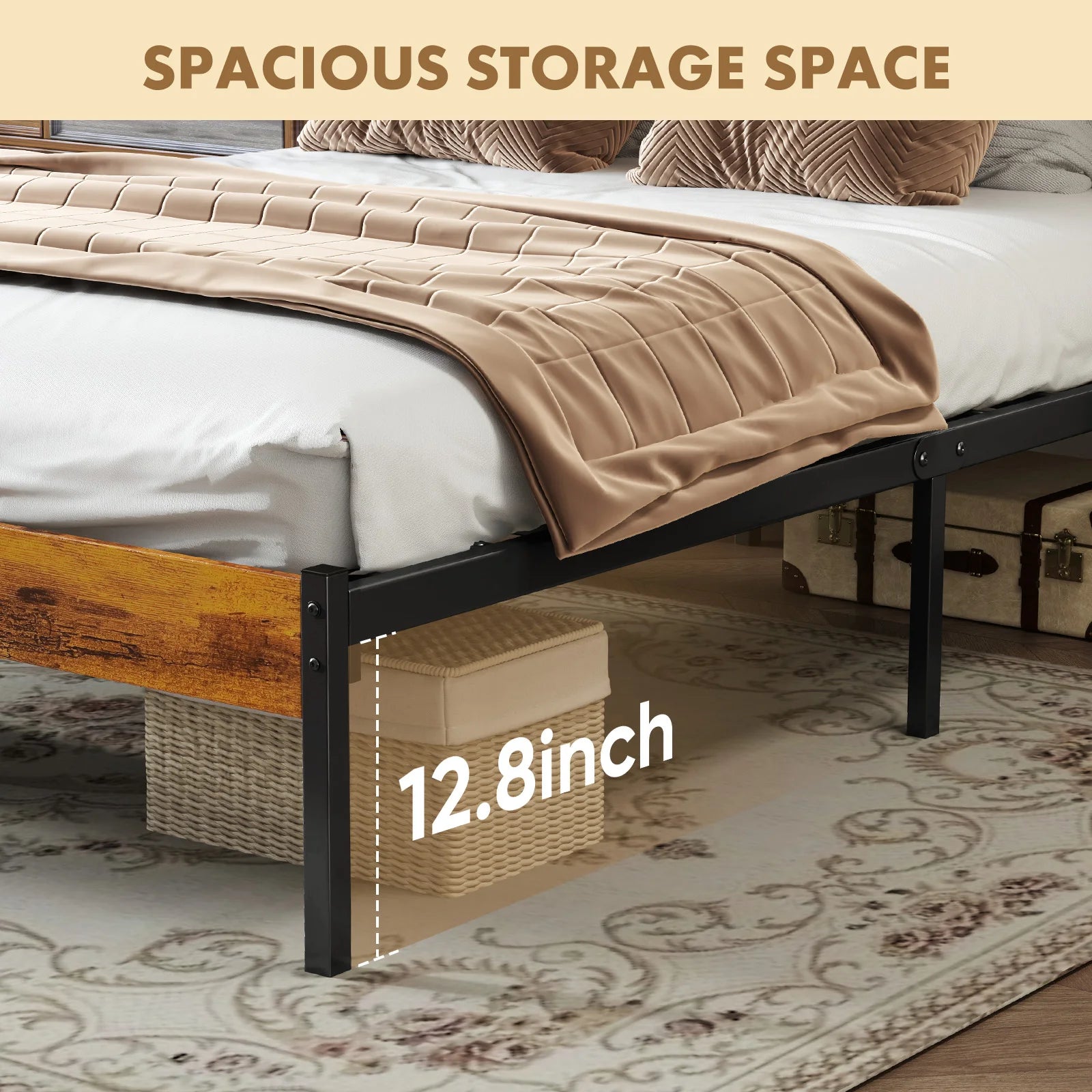 Wooden Headboard and Metal Platform Bed Frame - No Box Spring Needed - 700LBS capacity with sturdy Wooden Slats