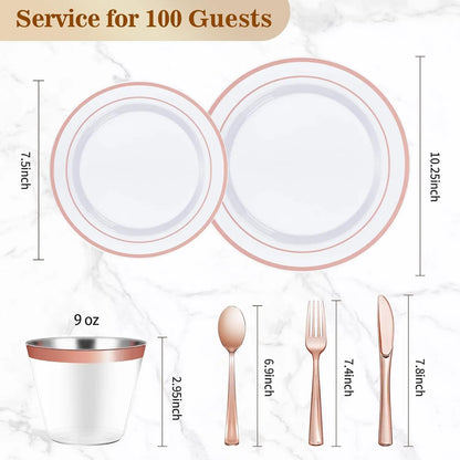 600 piece Plastic Dinnerware Set (100 Guests), Rose Gold Disposable Plates for Party, Wedding, Christmas, Anniversary