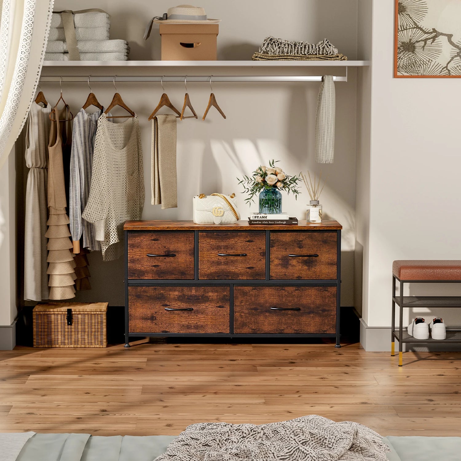 Multi-Purpose Dresser or Buffet with 5 Fabric Drawers
