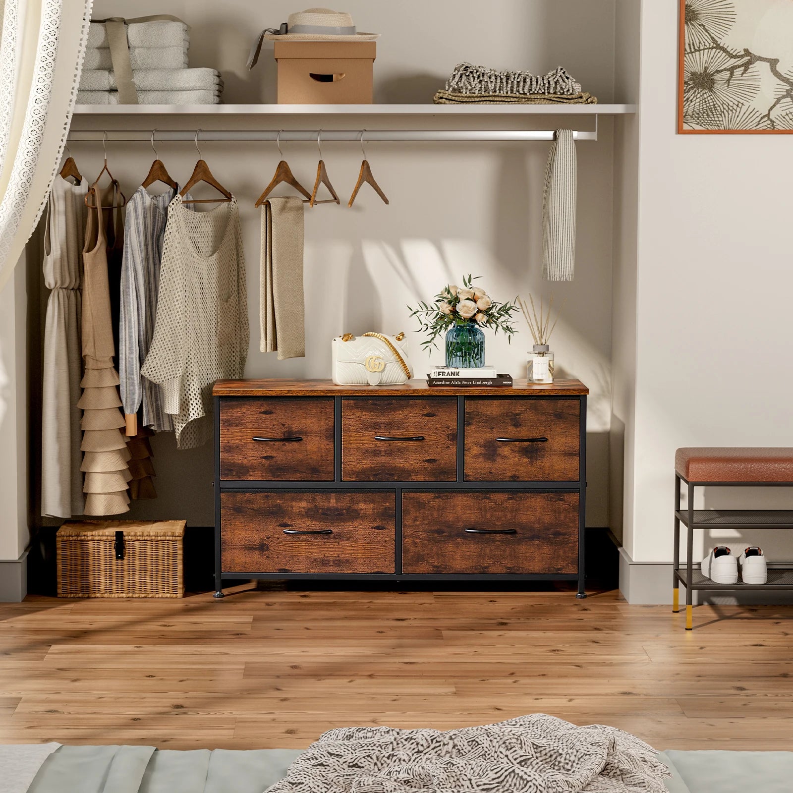 Multi-Purpose Dresser or Buffet with 5 Fabric Drawers
