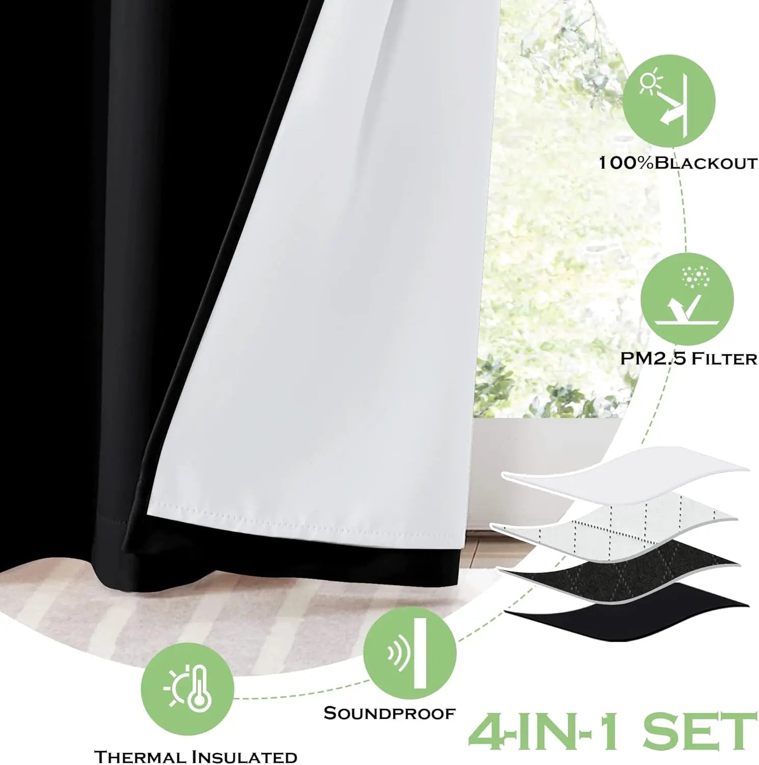 4-in-1 Soundproof Anti Dust 100% Blackout Curtains with Melt-Blown Layer -Thermal Insulating Window Drapes