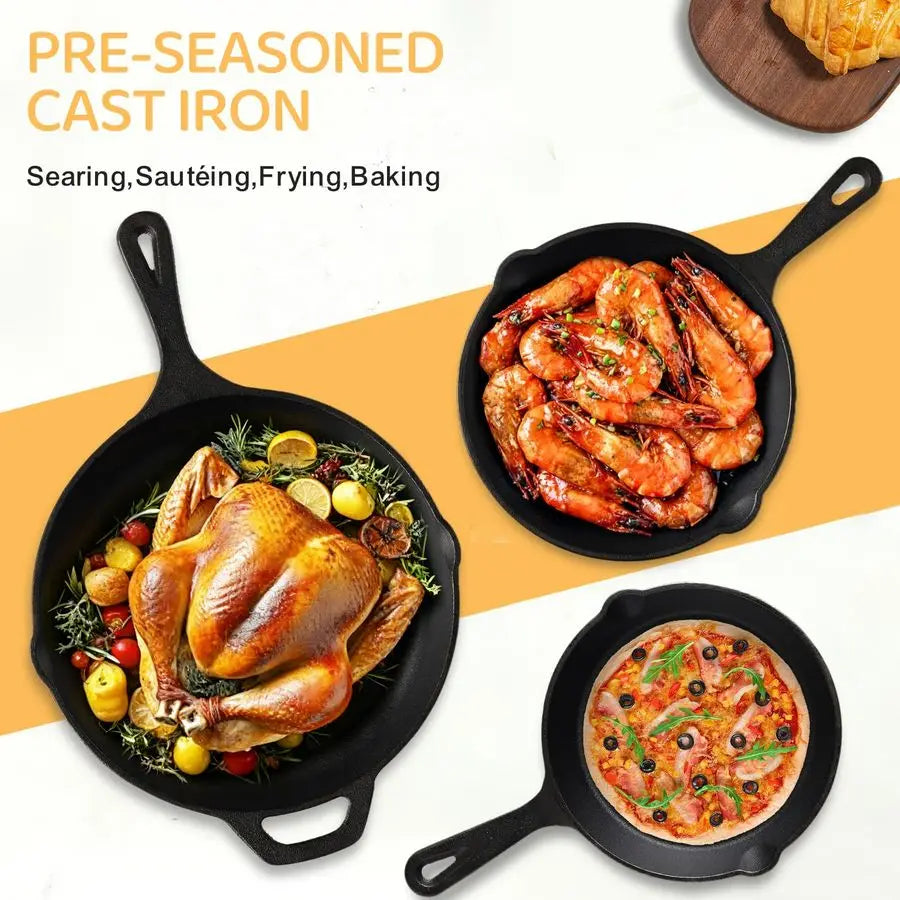 3 Piece Cast Iron Skillets - Professional Chef Quality