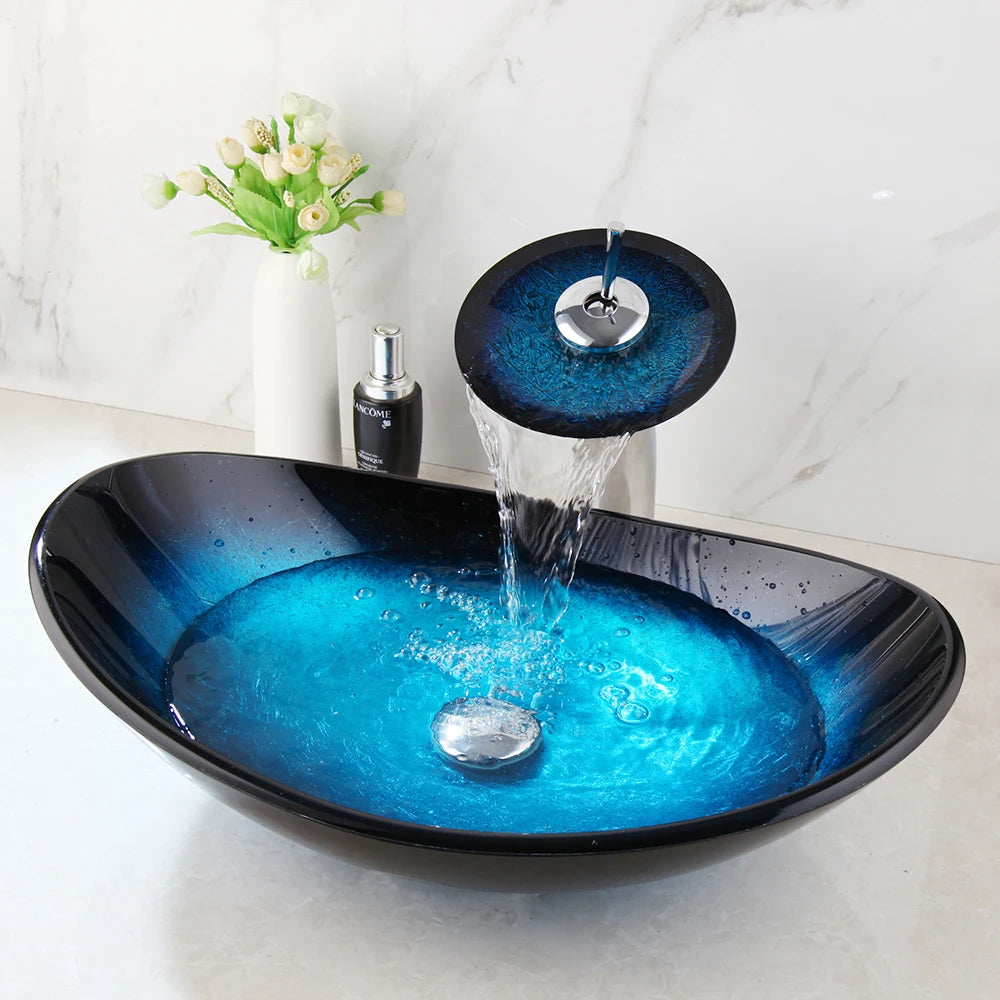 Tempered Glass Bathroom Sink with Waterfall & Black Faucet