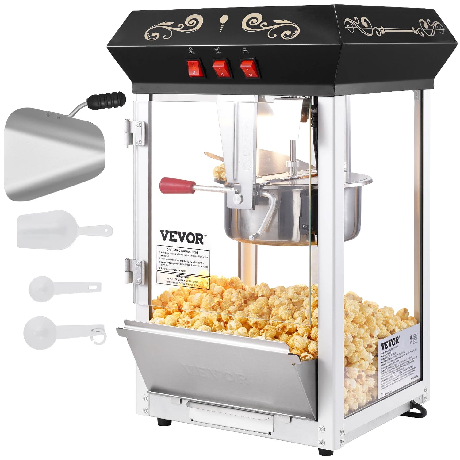 8 Oz Counter-top Movie Theater Style Kettle Popcorn Maker - Makes 48 Cups per Batch - Includes 4 Scoops