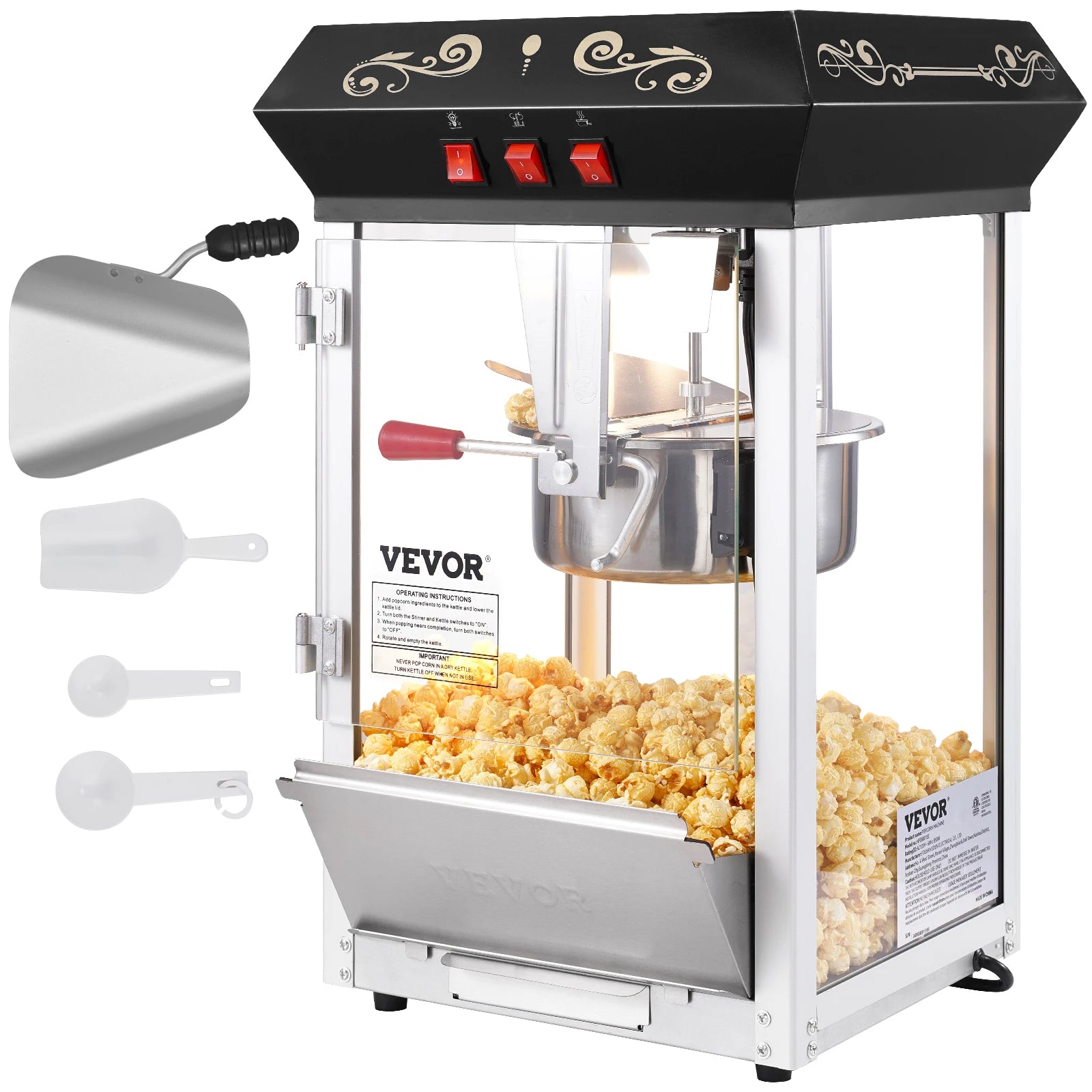 8 Oz Counter-top Movie Theater Style Kettle Popcorn Maker - Makes 48 Cups per Batch - Includes 4 Scoops