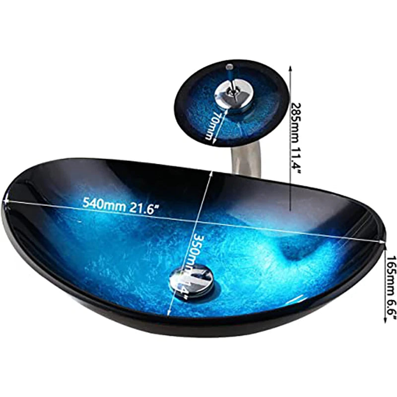 Tempered Glass Bathroom Sink with Waterfall & Black Faucet