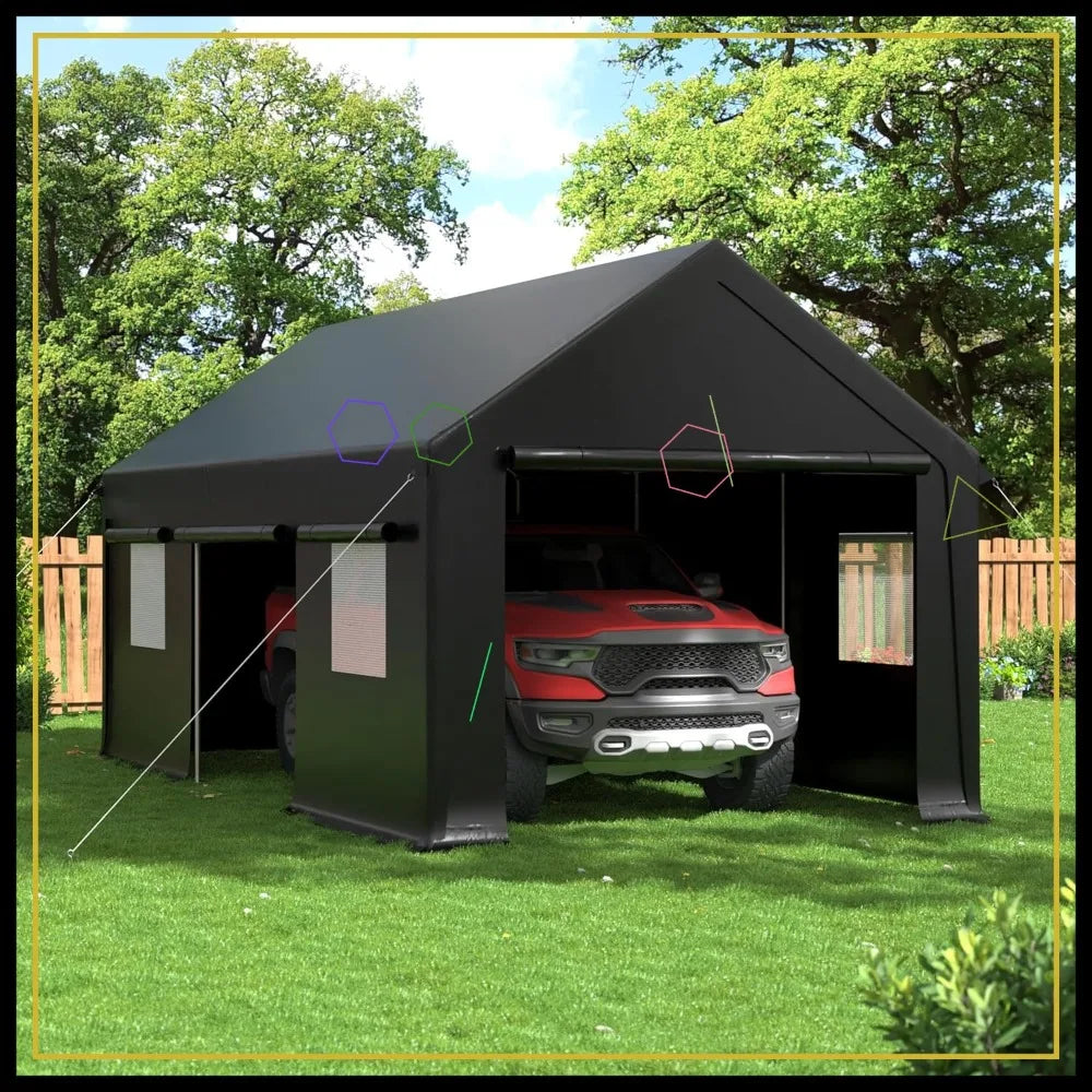 12' x 20' Heavy Duty Carport, Portable Garage with Roll-Up Windows & Side Door for Car, Truck, Boat