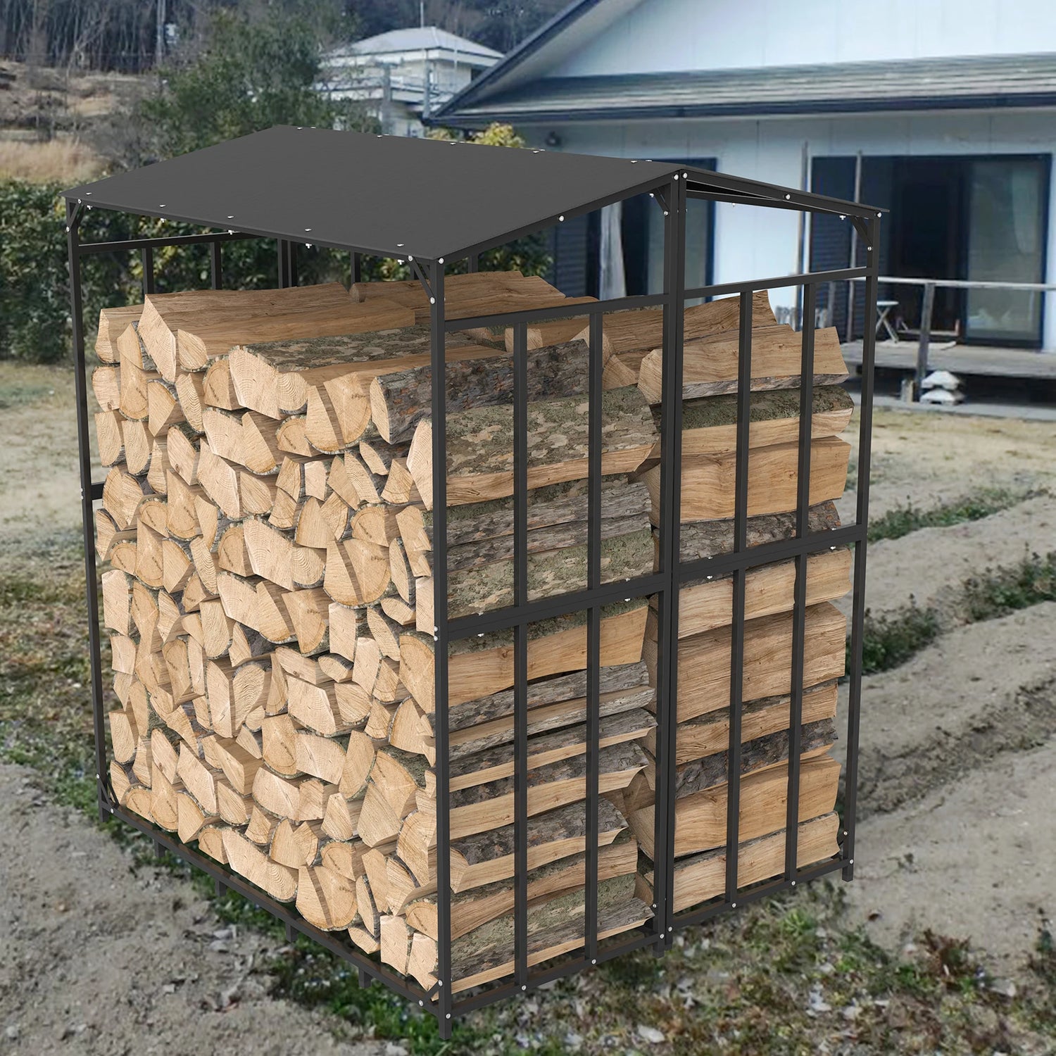 Heavy Duty Tall Metal Firewood Rack Stand with Top Cover for Fireplace Wood Storage