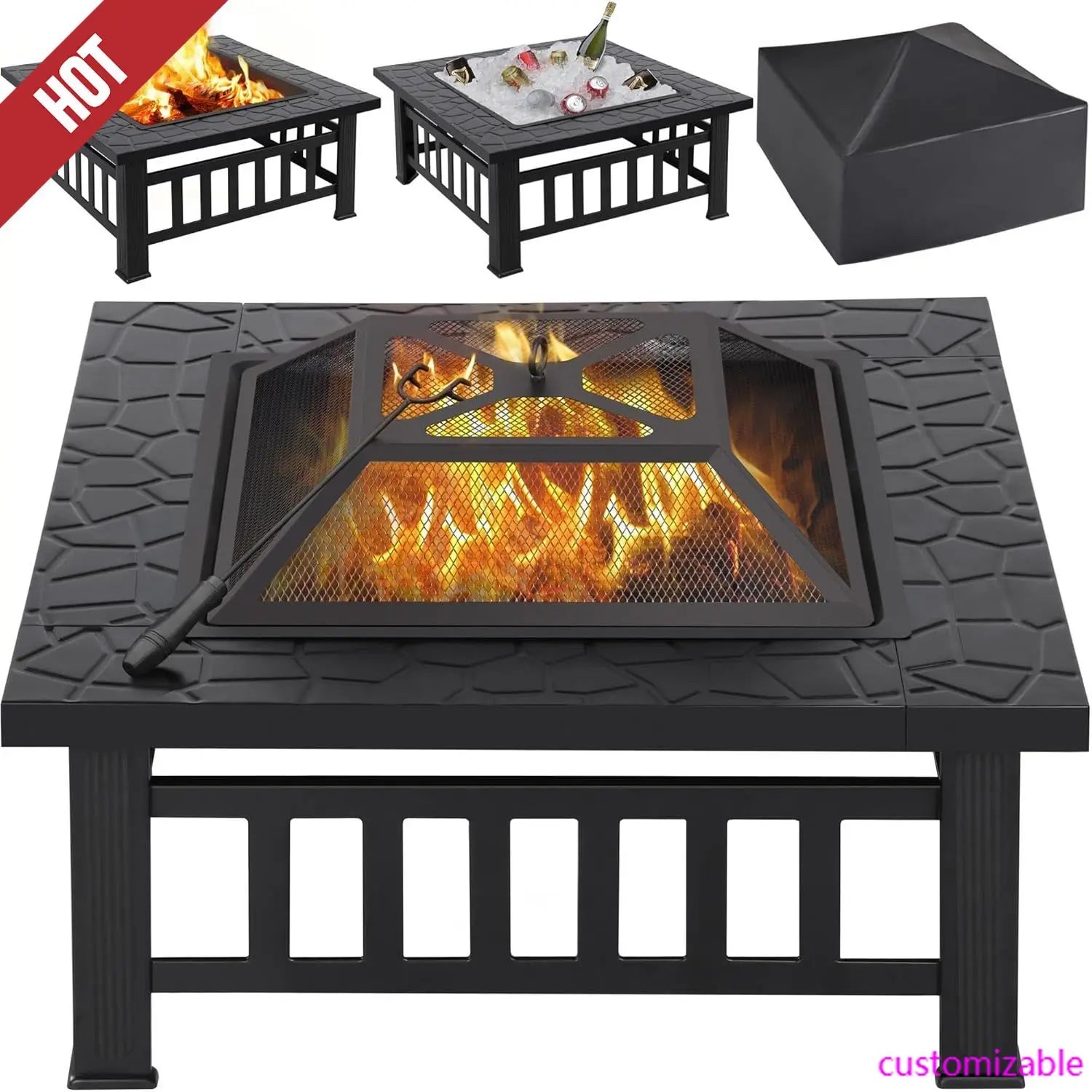 32" Square Multi-functional Metal Firepit/Cooler Table