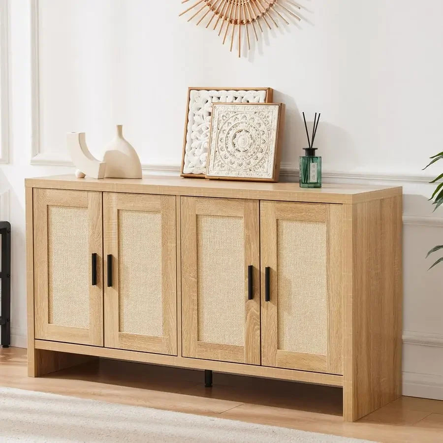Rattan Buffet Cabinet with Storage, Sideboard Cabinet with Doors and Adjustable Shelves, Farmhouse Coffee Bar Station Table, Mo