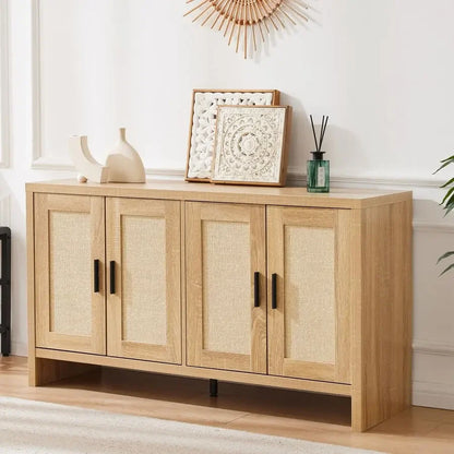 Rattan Buffet Cabinet with Storage, Sideboard Cabinet with Doors and Adjustable Shelves, Farmhouse Coffee Bar Station Table, Mo