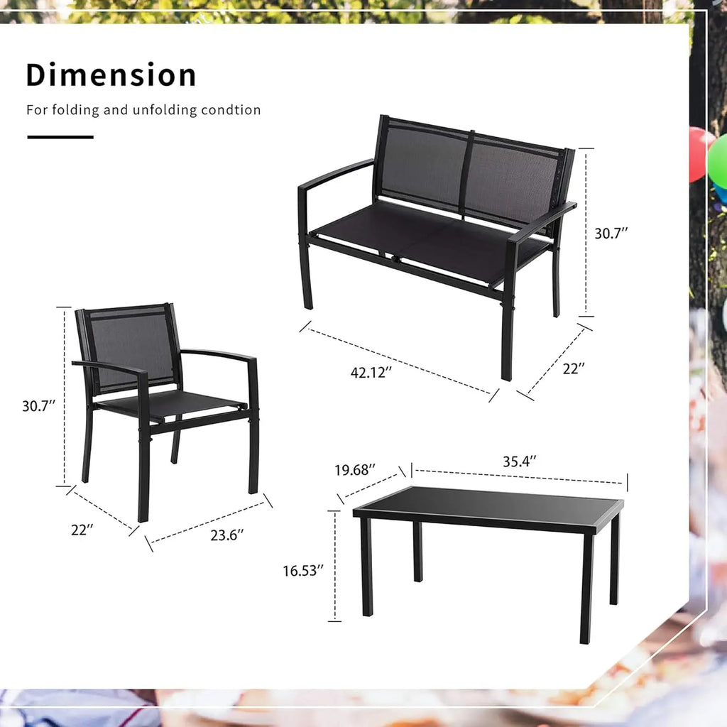 4-Piece Outdoor Patio Set with Loveseat, 2 Chairs & Glass Table