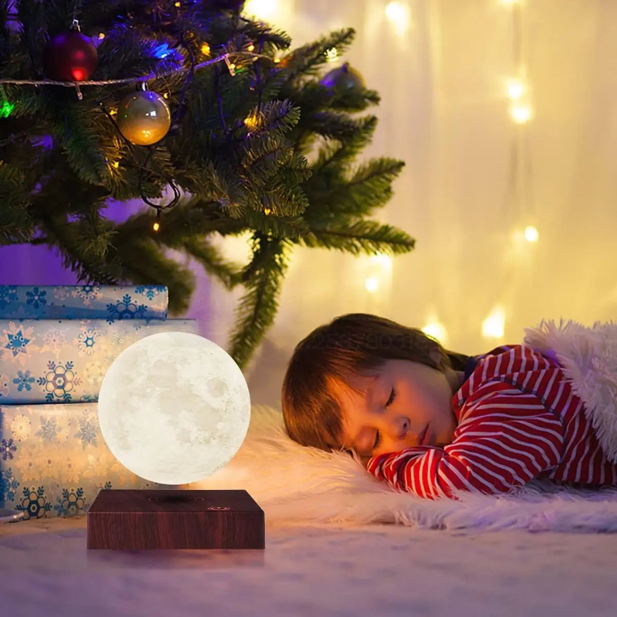 Magnetic Floating Rotating Moon Lamp with Wooden Base - 3 Color LED Night Light