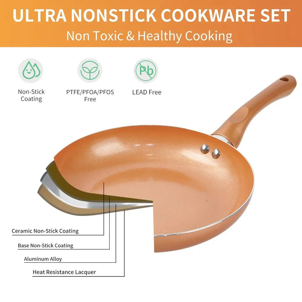 11-Piece Copper with Ceramic Coating, Ultra Nonstick set of Pots and Pans Cookware