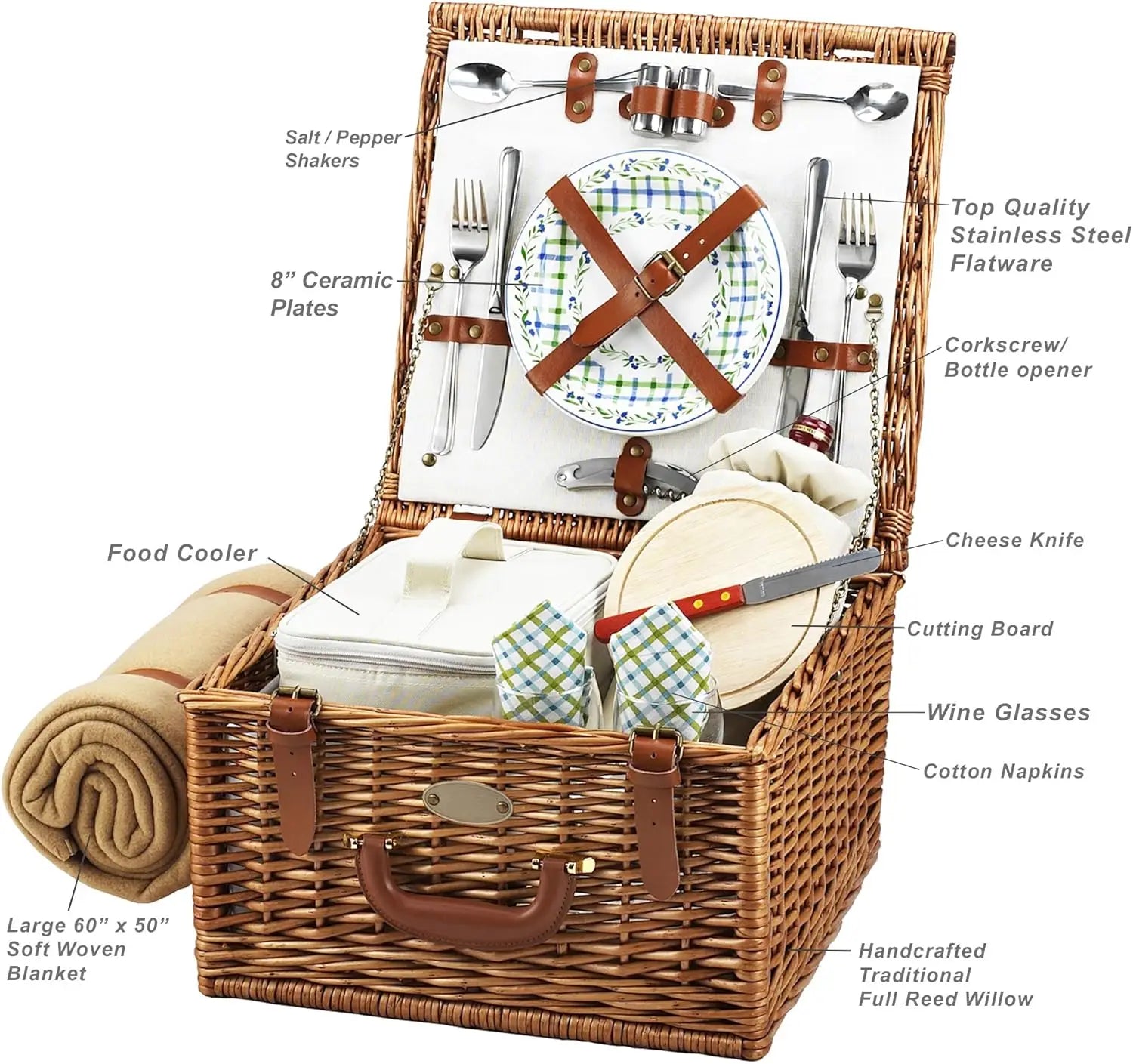 Cheshire-Style Willow Picnic Basket for Two with Blanket