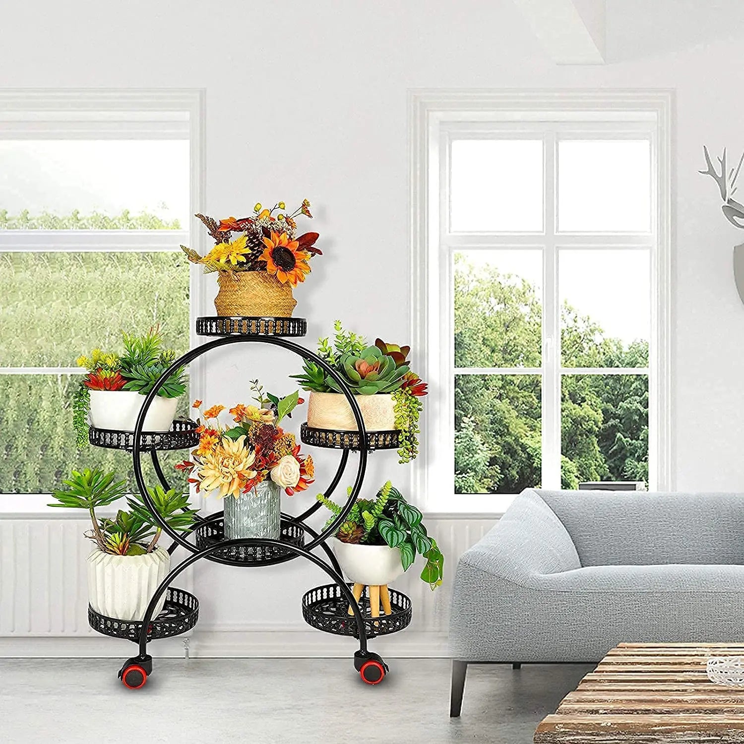 6-Pot Metal Plant Stand with Wheels Indoor/Outdoor