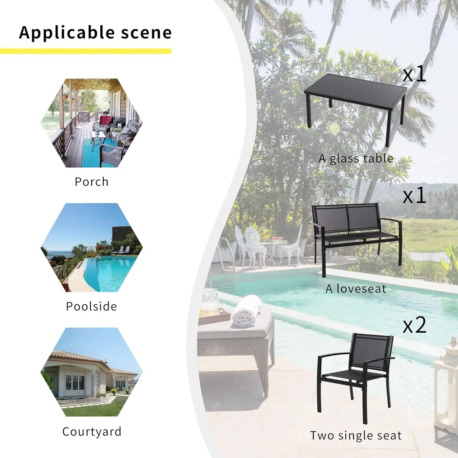 4-Piece Outdoor Patio Set with Loveseat, 2 Chairs &amp; Glass Table