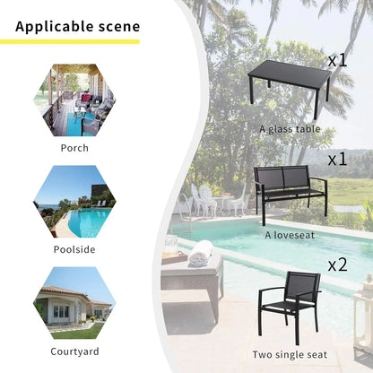 4-Piece Outdoor Patio Set with Loveseat, 2 Chairs &amp; Glass Table