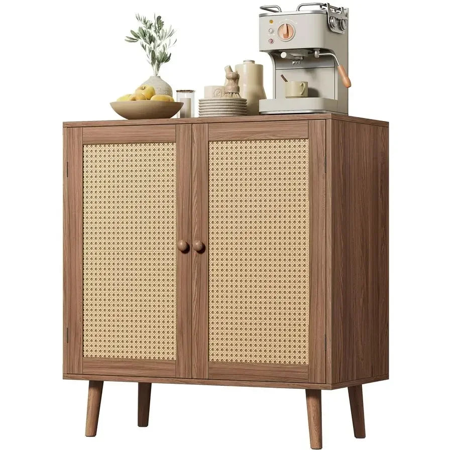 Buffet Cabinet with Storage, Rattan Decor Doors, Accent with Solid Wood Feet, Sideboard for Hall
