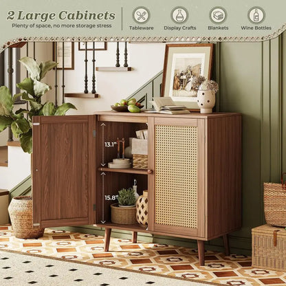 Buffet Cabinet with Storage, Rattan Decor Doors, Accent with Solid Wood Feet, Sideboard for Hall