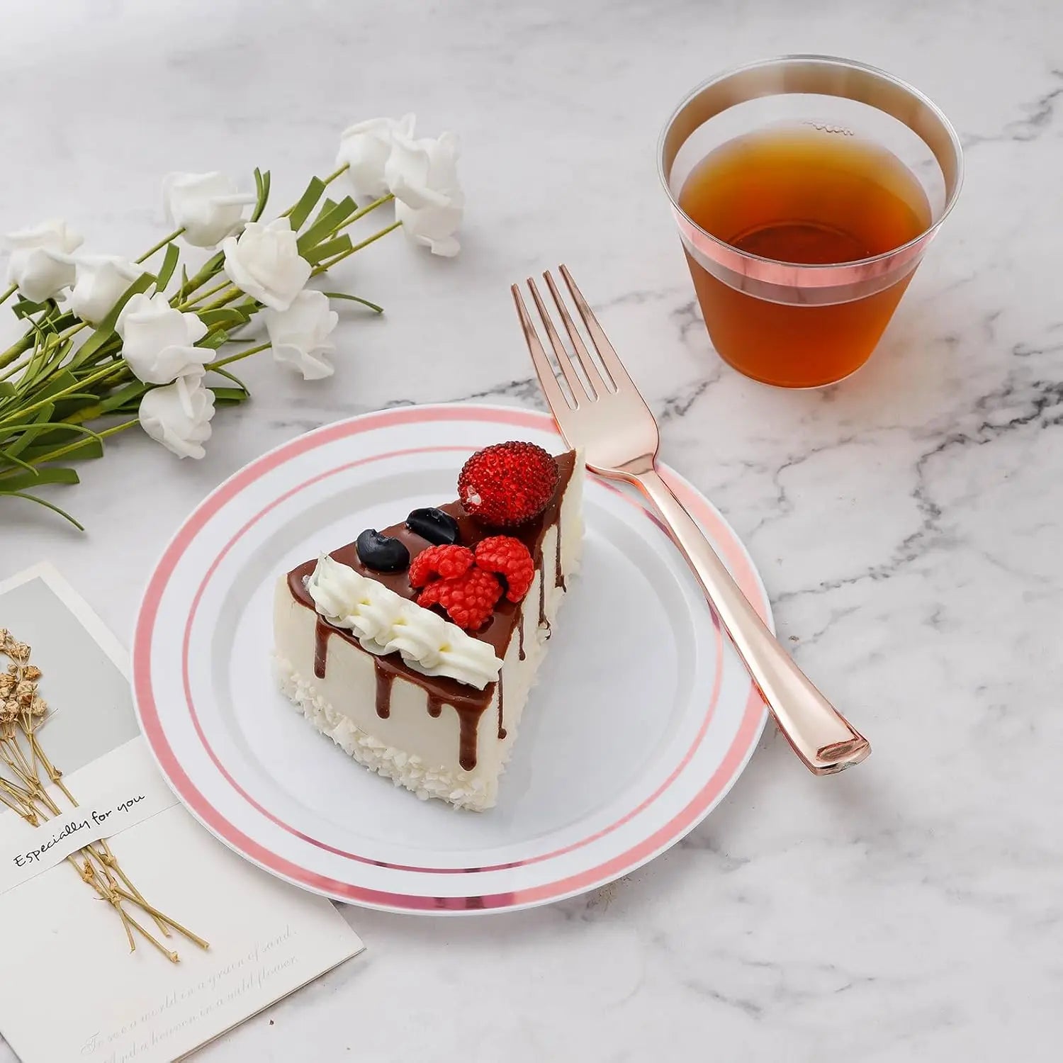 600 piece Plastic Dinnerware Set (100 Guests), Rose Gold Disposable Plates for Party, Wedding, Christmas, Anniversary