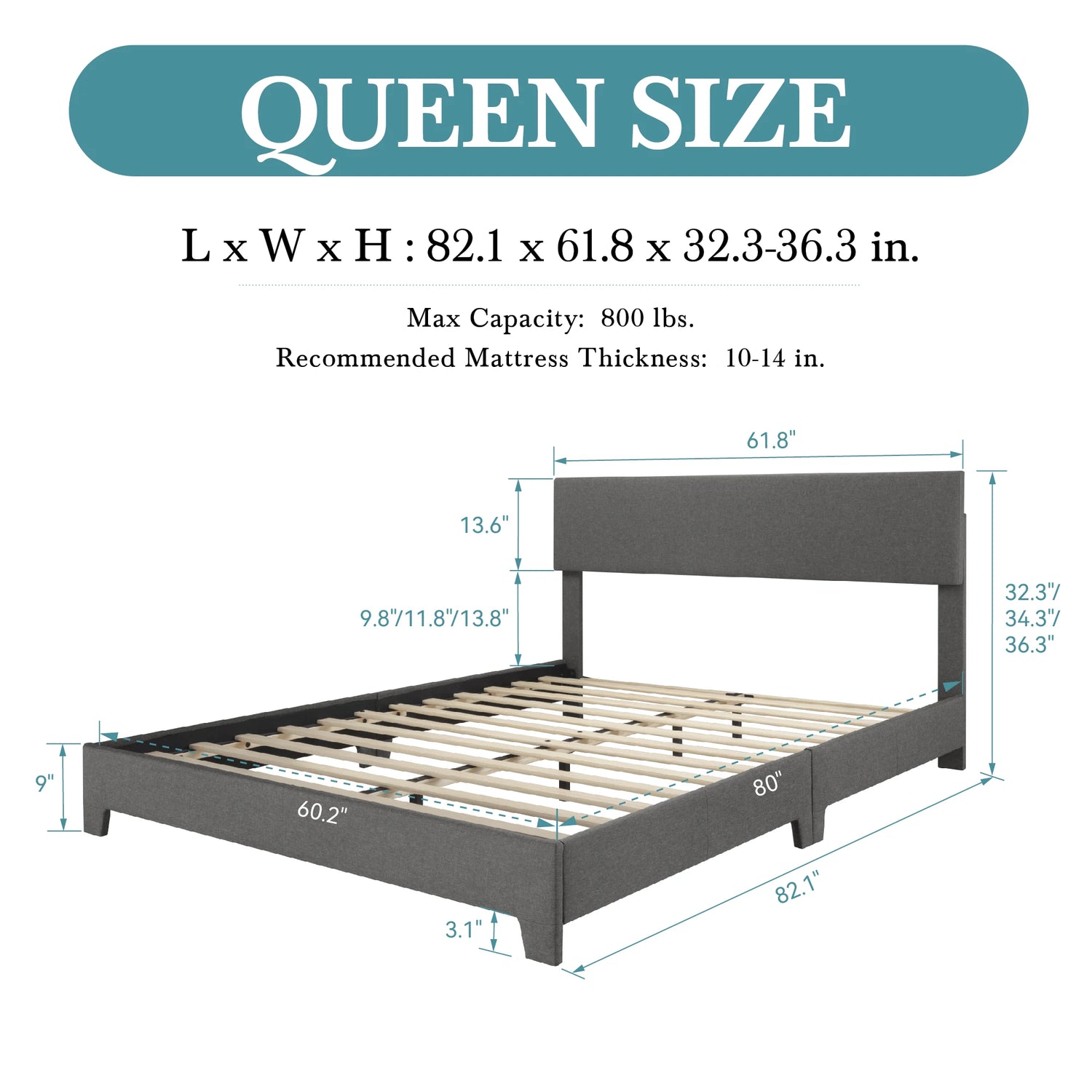 Bed Frame with Adjustable Headboard, Soft Linen Fabric, Strong Supporting Structure