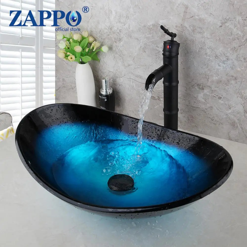 Tempered Glass Bathroom Sink with Waterfall & Black Faucet